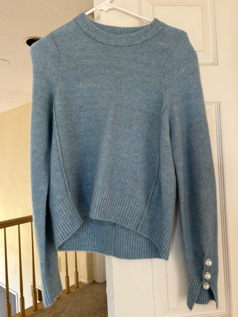 Light Blue Crewneck Sweater with Pearl Sleeve Buttons